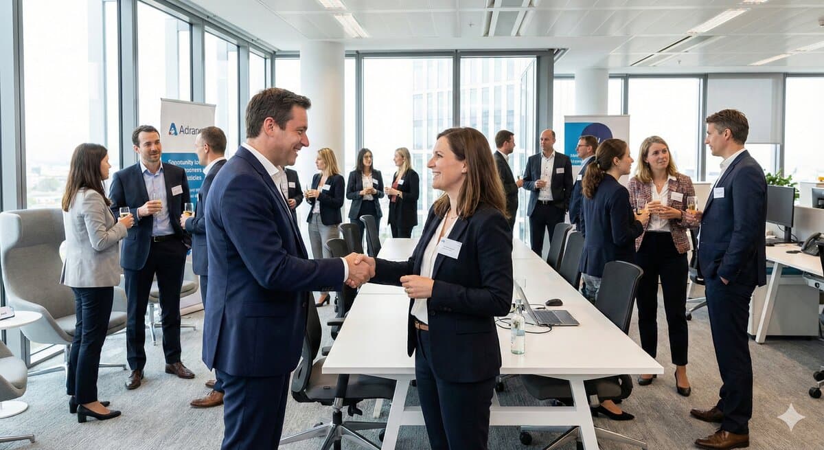 Happy successful businesswoman in modern office looking at    growth chart on screen, professional achievement, warm   lighting, celebrating success