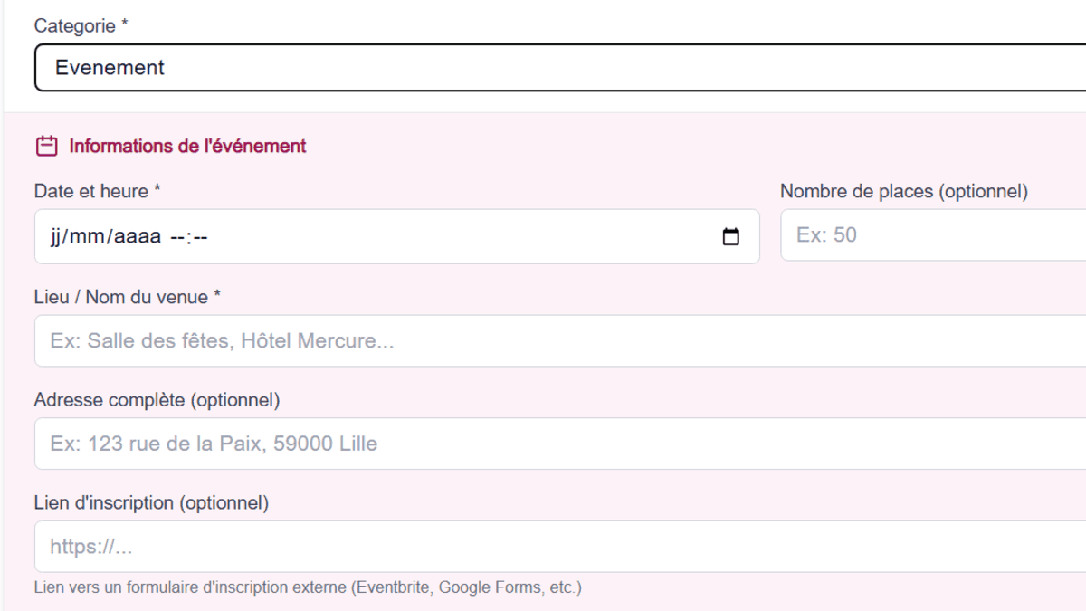 Formulaire de création d'événement