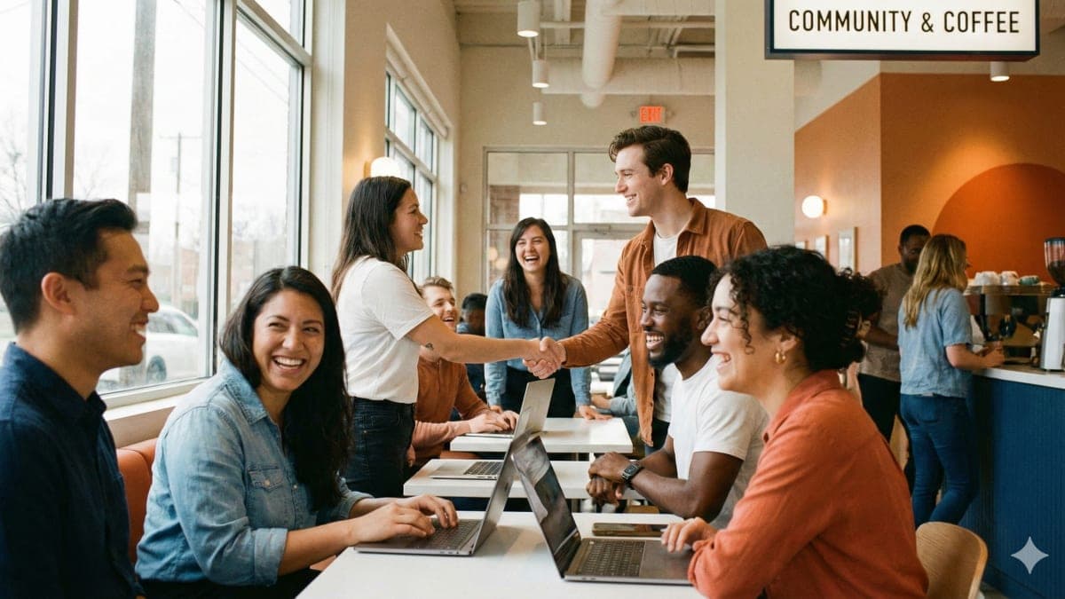 Scène de réseautage professionnel, groupe diversifié d'entrepreneurs prenant un café ensemble dans un café local, ambiance chaleureuse et conviviale, poignées de main